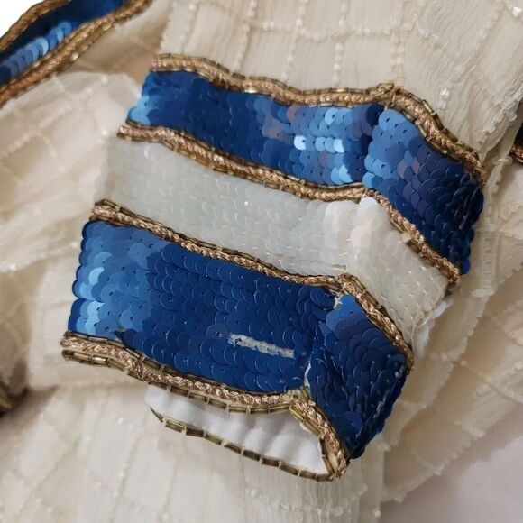 Vintage Carolyn Barton 100% Silk Beaded Evening Jacket in Ivory/Sea Blue Size M - Picture 12 of 16